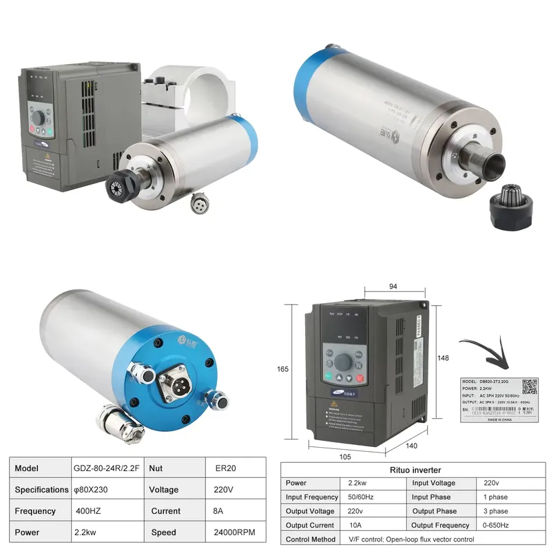 2.2Kw Water Cooled Spindle Kit Vfd - Kit Mandrino per Router CNC Raffreddato