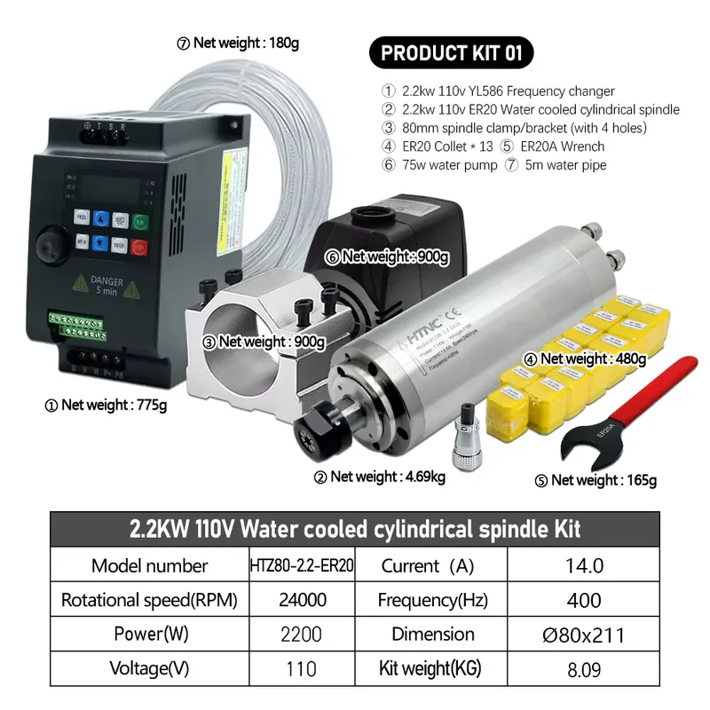 Mandrino raffreddato ad acqua  - 2.2Kw Water Cooled Spindle Kit Vfd recensione e prezzo